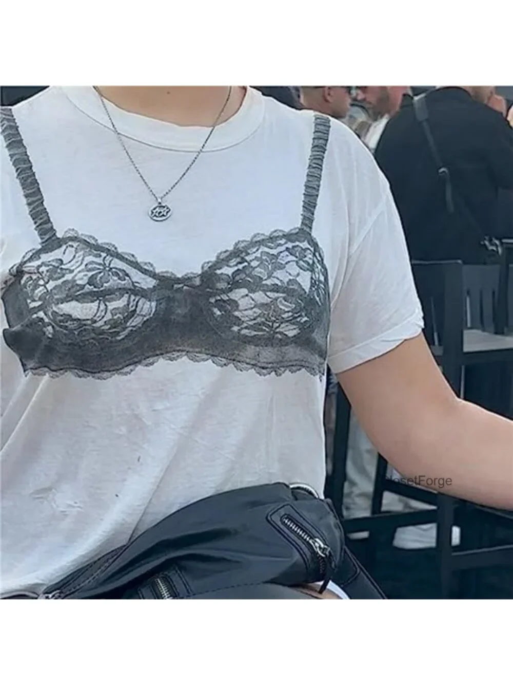 Y2K Lace See-Through Corset Print White Loose Fit Crop Top Tee